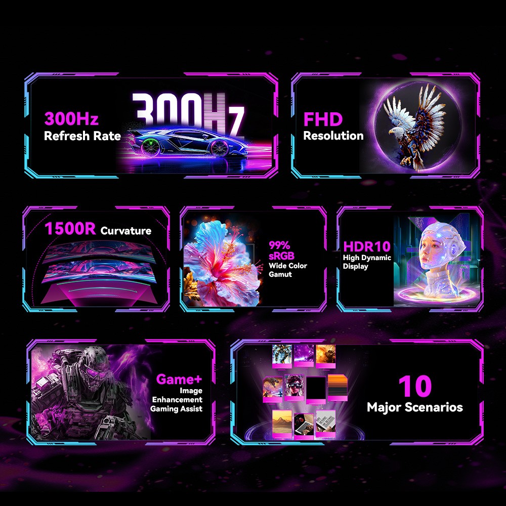 TITAN ARMY C27A1H &Eacute;cran gaming, &eacute;cran VA incurv&eacute; 27 pouces 1500R, r&eacute;solution 1920 x 1080, taux de rafra&icirc;chissement de 300 Hz, temps de r&eacute;ponse &agrave; gris 1 ms, FreeSync, OD dynamique, 10 modes de sc&eacute;nario, 2 ports HDMI 2.0, 2 ports DP 1.4, 1 port audio