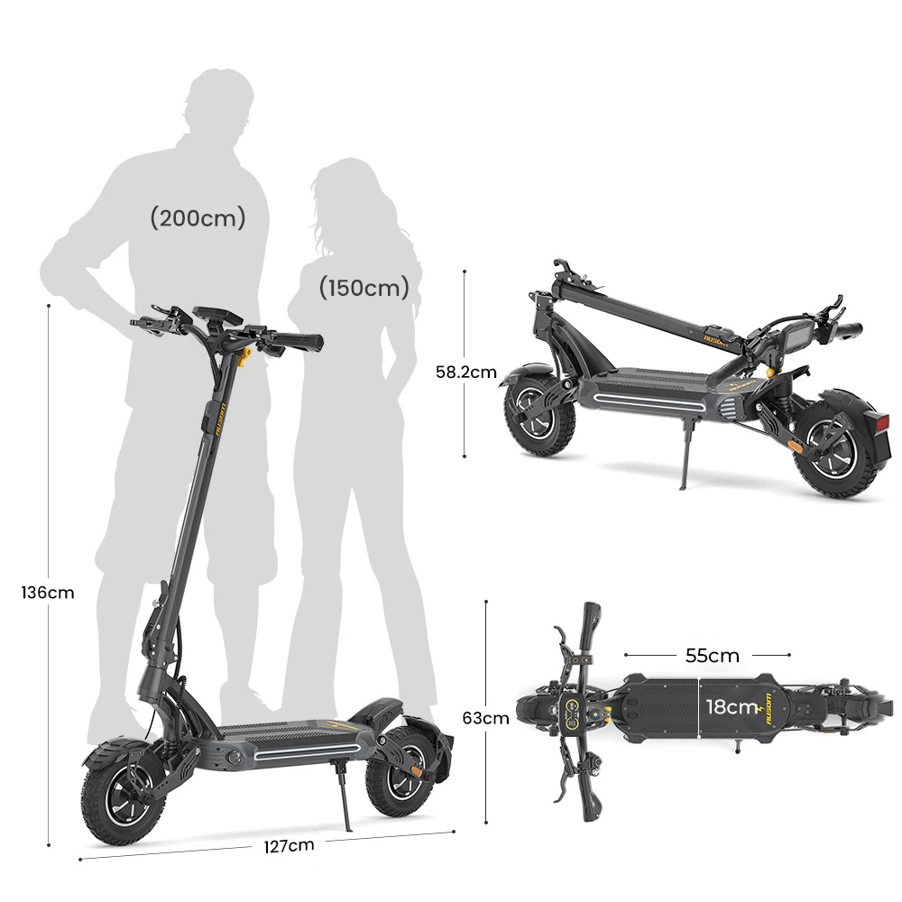 Ausom SR1 Trottinette &eacute;lectrique, moteur 2 x 1&nbsp;000 W, batterie 52 V 20,8 Ah, pneus 10 pouces, vitesse maximale 65 km/h, autonomie 95 km, freins &agrave; disque hydrauliques avant et arri&egrave;re, suspension &agrave; bras oscillant