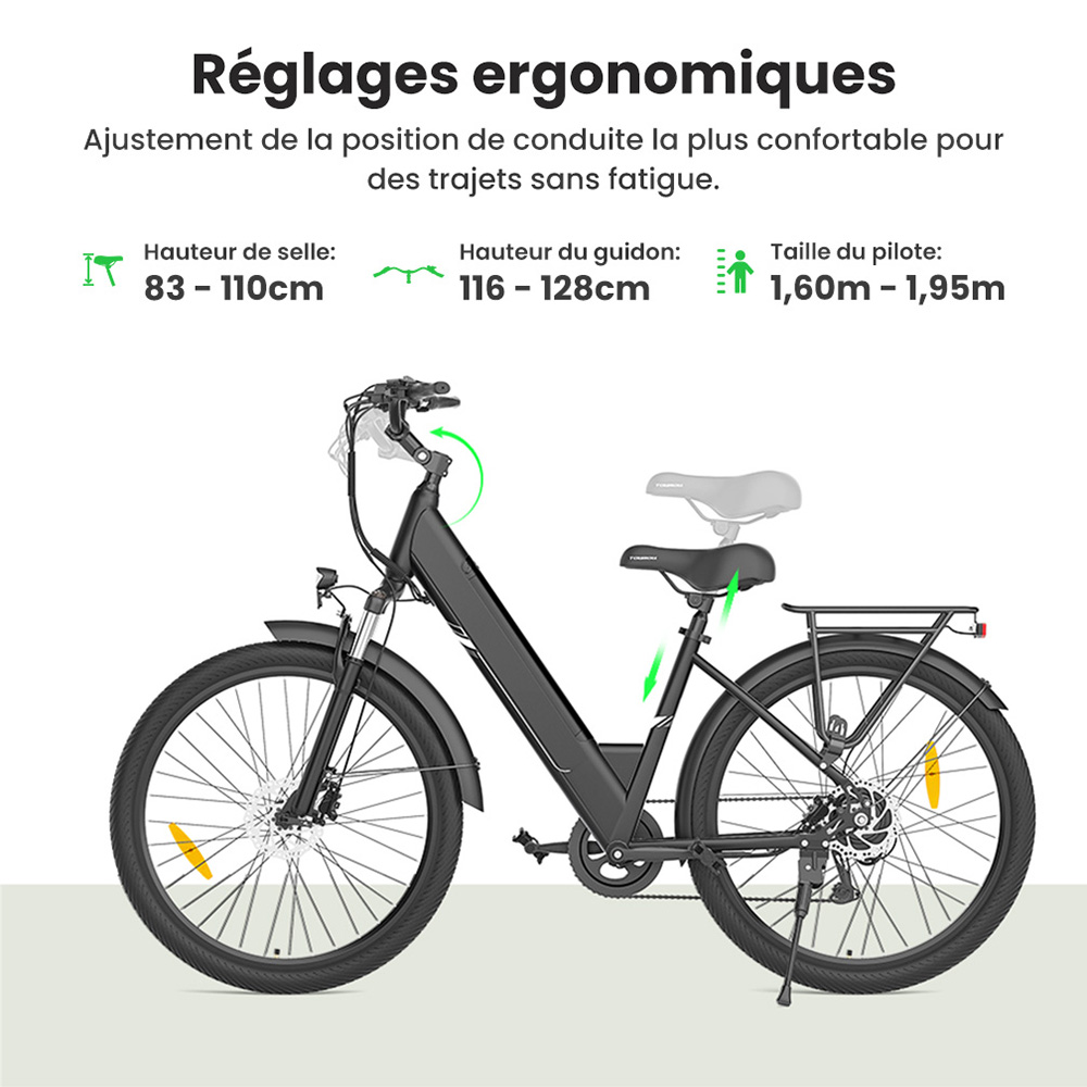 Touroll J1 Pro V&eacute;lo &eacute;lectrique, moteur 250 W, batterie 36 V 15,6 Ah, pneus 27,5 pouces, vitesse maximale 25 km/h, autonomie 100 km, frein &agrave; disque hydraulique, suspension avec blocage, Shimano 7 vitesses