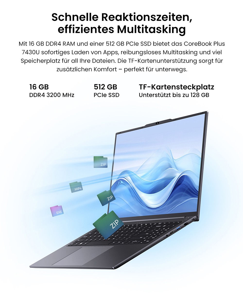 CHUWI CoreBook Plus Laptop, 16 Zoll 1920x1200 IPS Bildschirm, AMD Ryzen 5 7430U 6 Kerne Max 4,3GHz, 16GB RAM 512GB SSD, WiFi 6 Bluetooth 5.2, 2*Voll ausgestattet Typ-C, 2*USB3.2, 1*USB2.0, 1*TF Kartensteckplatz, 1*HDMI, 1*RJ45, 1*Audio