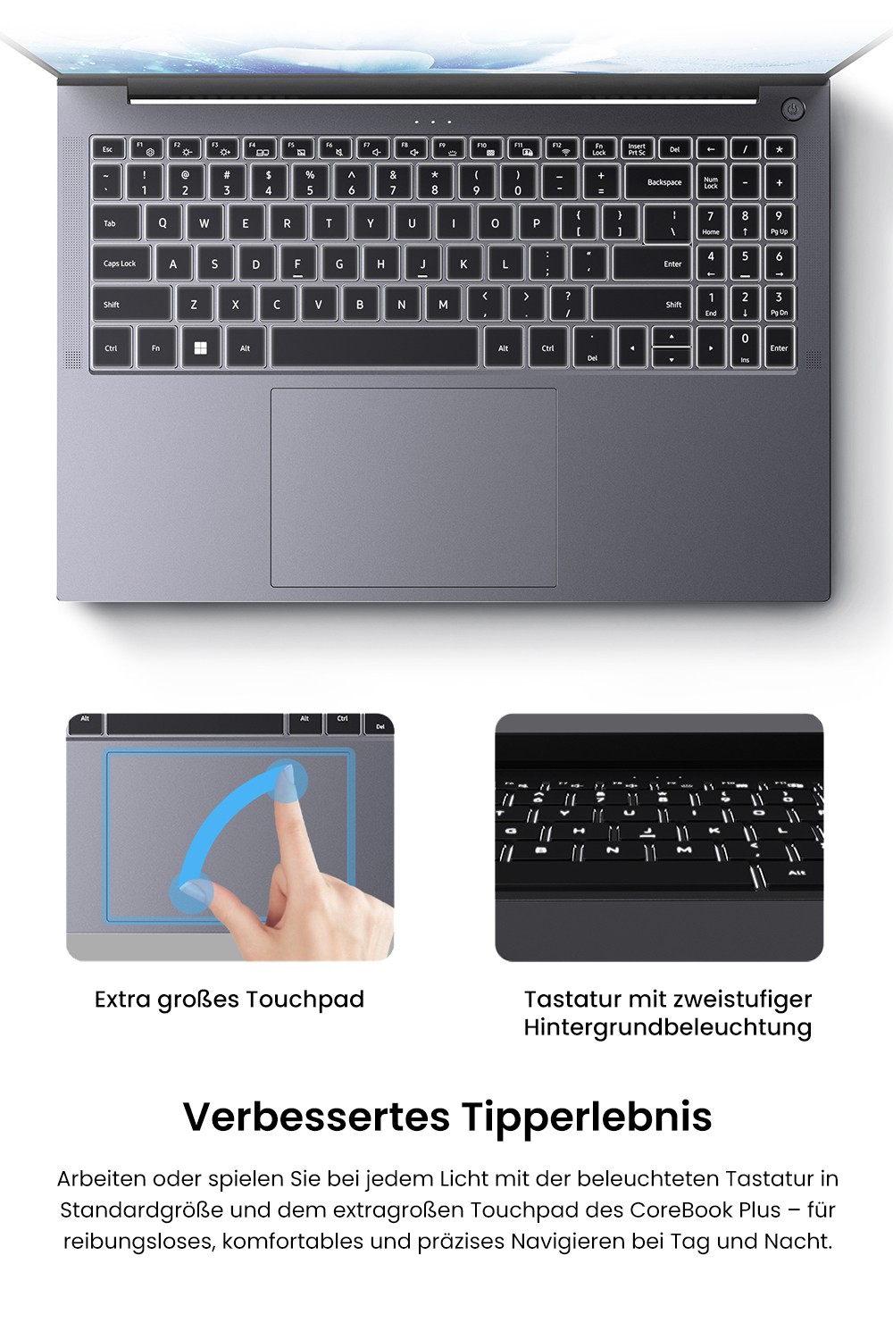 CHUWI CoreBook Plus Laptop, 16 Zoll 1920x1200 IPS Bildschirm, AMD Ryzen 5 7430U 6 Kerne Max 4,3GHz, 16GB RAM 512GB SSD, WiFi 6 Bluetooth 5.2, 2*Voll ausgestattet Typ-C, 2*USB3.2, 1*USB2.0, 1*TF Kartensteckplatz, 1*HDMI, 1*RJ45, 1*Audio