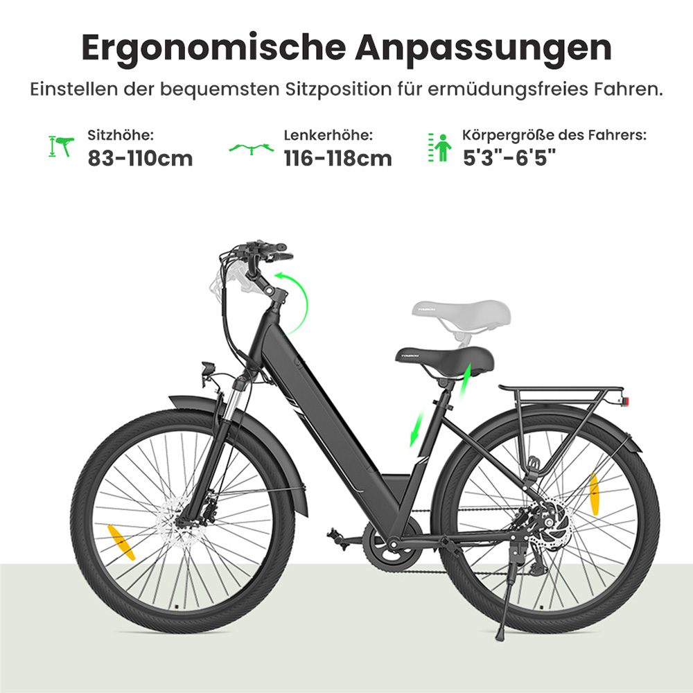 Toroll J1 Pro Elektrofahrrad, 250-W-Motor, 36-V-15,6-Ah-Akku, 27,5-Zoll-Reifen, 25 km/h H&ouml;chstgeschwindigkeit, 100 km Reichweite, hydraulische Scheibenbremse, Federung mit Sperre, Shimano 7-Gang