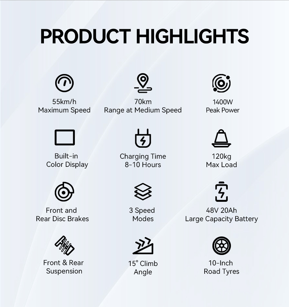 OOTD S10 Elektroroller, 1400-W-Motor, 10-Zoll-Reifen, 48-V-20-Ah-Akku, 55 km/h Höchstgeschwindigkeit, 60-70 km Reichweite, Scheibenbremse