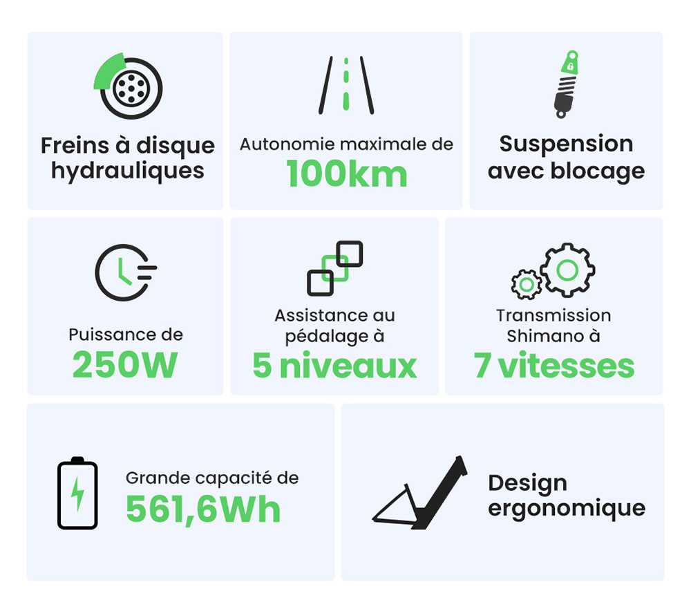 Touroll J1 Pro V&eacute;lo &eacute;lectrique, moteur 250 W, batterie 36 V 15,6 Ah, pneus 27,5 pouces, vitesse maximale 25 km/h, autonomie 100 km, frein &agrave; disque hydraulique, suspension avec blocage, Shimano 7 vitesses