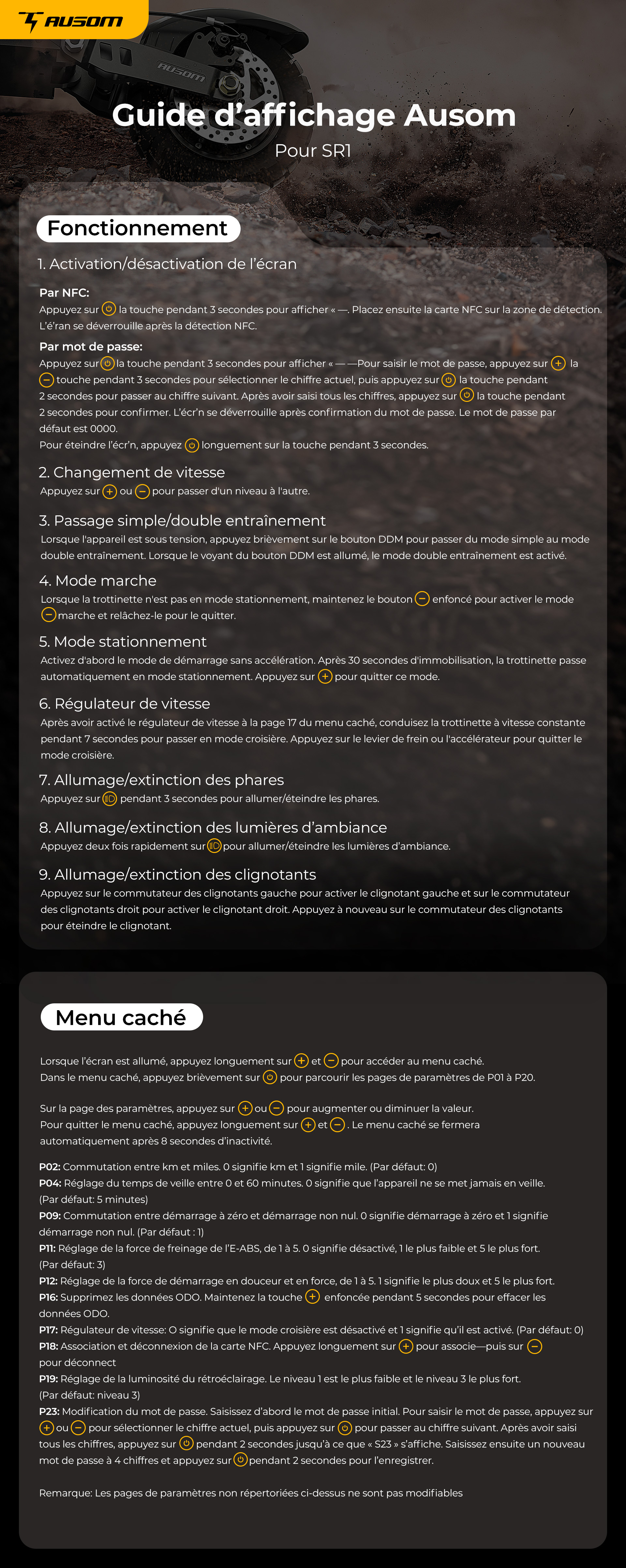 Ausom SR1 Trottinette &eacute;lectrique, moteur 2 x 1&nbsp;000 W, batterie 52 V 20,8 Ah, pneus 10 pouces, vitesse maximale 65 km/h, autonomie 95 km, freins &agrave; disque hydrauliques avant et arri&egrave;re, suspension &agrave; bras oscillant