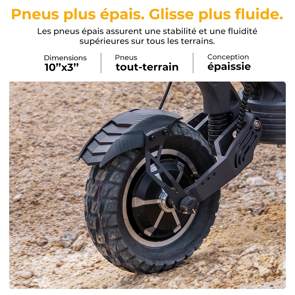 Trottinette &eacute;lectrique Ausom SR1, moteur 2 x 1&nbsp;000 W, batterie 52 V 20,8 Ah, pneus 10 pouces, vitesse maximale 65 km/h, autonomie 95 km, freins &agrave; disque hydrauliques avant et arri&egrave;re, suspension &agrave; bras oscillant