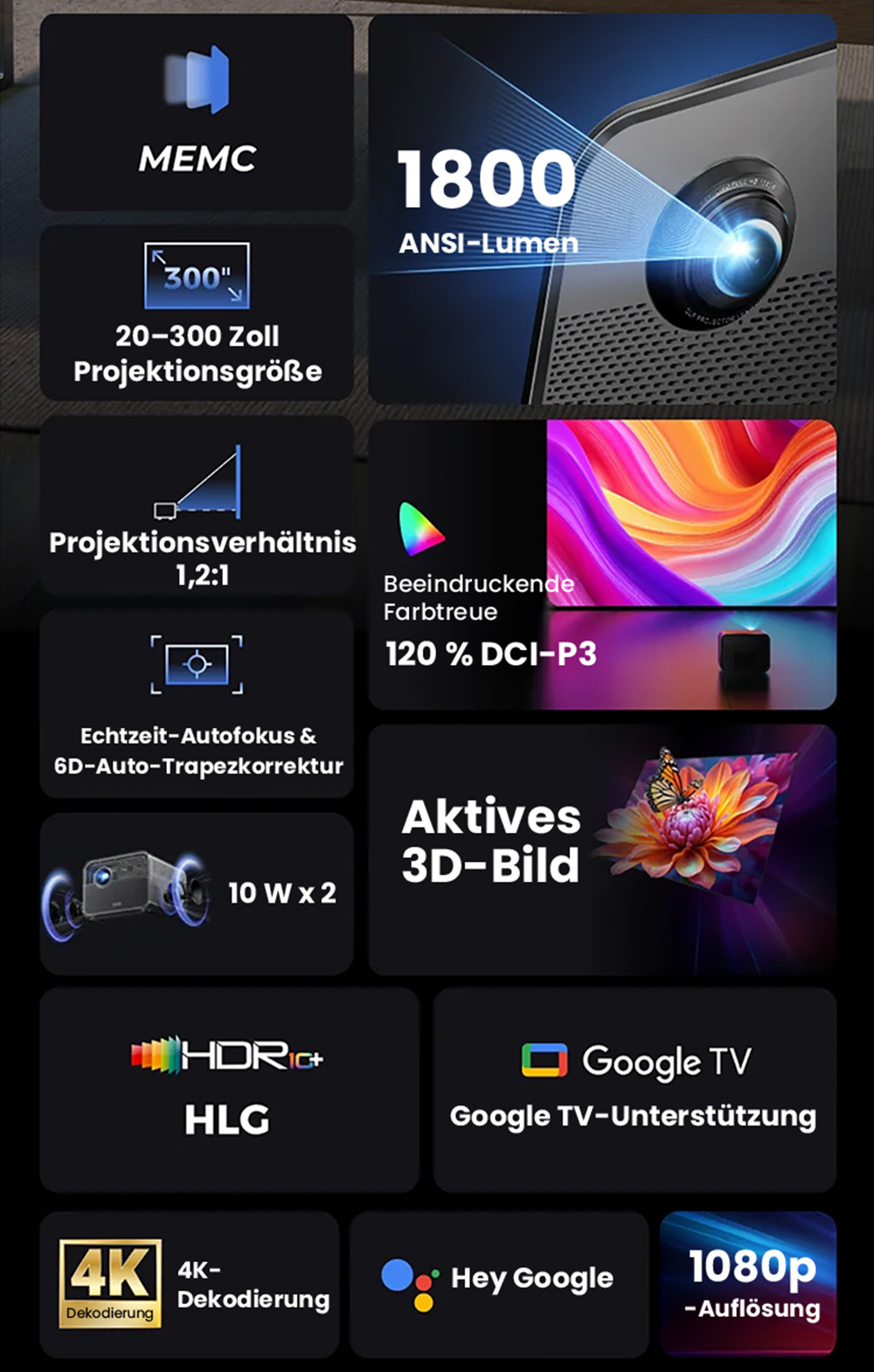 Ultimea Poseidon E100 Projektor, 1800 ANSI, natives 1080P, 4K-Dekodierung, Autofokus & 6D Auto Keystone, aktives 3D-Bild, 10W*2 Lautsprecher, Google TV