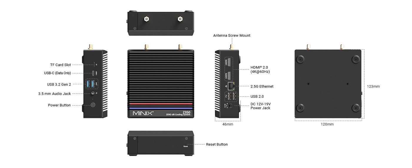 MINIX NEO Z350-0dB Mini PC, Intel Core i3 - N350 8 magos, max. 3,9 GHz, 16 GB RAM, 512 GB SSD, 2*HDMI dupla k&eacute;pernyős kijelző, 2*USB-A 3.2, 1*USB-C 3.2, 2*USB2.0, 1*TF k&aacute;rtyahely, 1*2.5G RJ45, EU/UK/US csatlakoz&oacute;