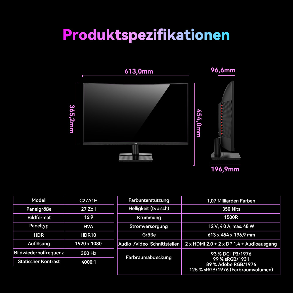 TITAN ARMY C27A1H Gaming-Monitor, 27 Zoll 1500R Curved VA-Bildschirm, 1920 x 1080, 300 Hz Bildwiederholfrequenz, 1 ms GTG-Reaktionszeit, FreeSync, HDR10, 4000:1 Kontrastverh&auml;ltnis, dynamisches OD, 10 Szenariomodi, 2 x HDMI 2.0, 2 x DP 1.4, 1 x Audio