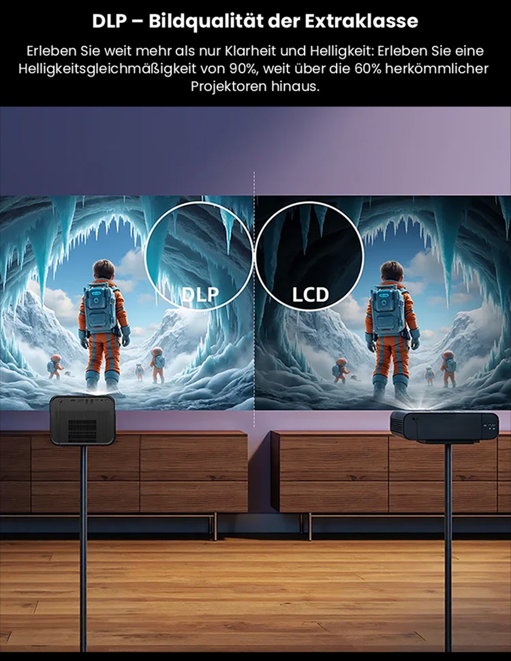 Ultimea Poseidon E100 Projektor, 1800 ANSI, natives 1080P, 4K-Dekodierung, Autofokus & 6D Auto Keystone, aktives 3D-Bild, 10W*2 Lautsprecher, Google TV