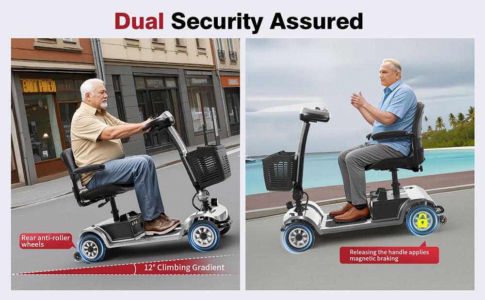 Unificare Unagi Vierrad-Scooter, 250-W-Motor, 24-V-12-Ah-Akku, 8-Zoll-Reifen, 6 km/h H&ouml;chstgeschwindigkeit, 20 km Reichweite, Magnetbremse, 190 kg maximale Tragkraft &ndash; Silber