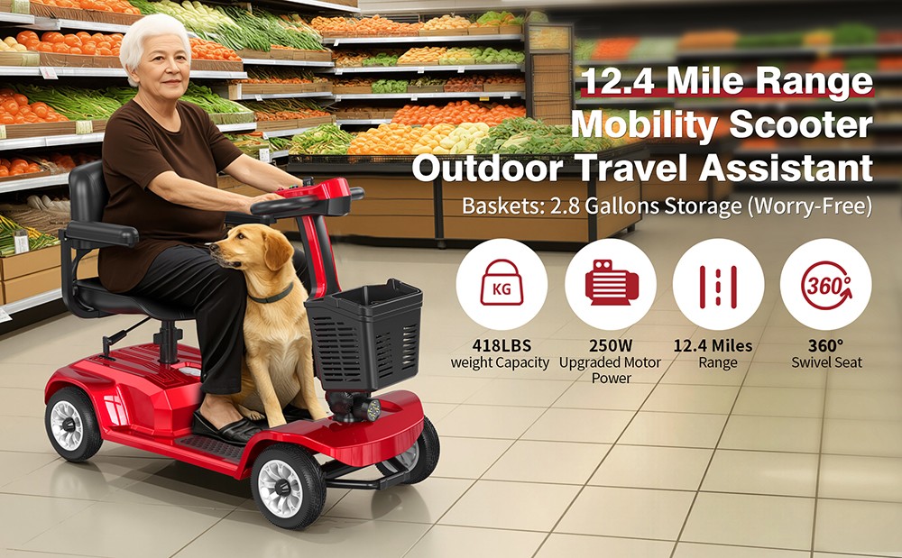 Unificare Lucas Pro négykerekű robogó, 180 W-os motor, 24 V 12 Ah akkumulátor, 8 hüvelykes gumik, 6 km/h maximális sebesség, 20 km hatótáv, mágnesfék, 190 kg maximális terhelés - piros