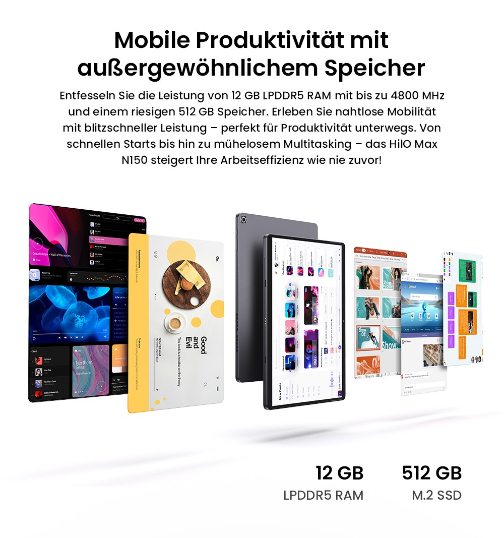 CHUWI Hi10 Max Tablette + Tastatur , Intel N150 4 Kerne, 12,96 Zoll 2880 x 1920 IPS-Touchscreen, 12 GB LPDDR5 RAM 512 SSD, USB-C + Micro HDMI, zweifaches 4K-Display, WiFi6, 8MP + 5MP Kamera, 2 * voll ausgestattete Typ-C, 1 * USB 3.2