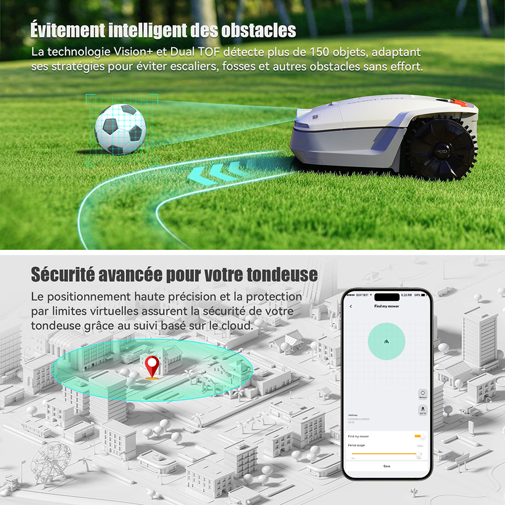 Goat Bot Unicut H1 Tondeuse robot sans fil jusqu'à 1 500 m², sans fil périphérique, cartographie précise RTK+VSLAM, évitement d'obstacles par IA, contrôle par application, protection anti-hérisson, étanchéité IPX6 - Blanc