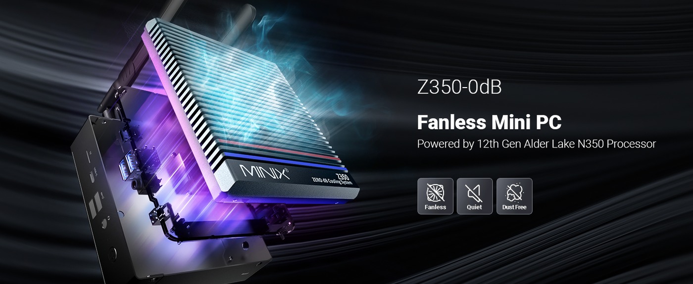 MINIX NEO Z350-0dB Mini PC, Intel Core i3 - N350 8 Cores Max 3.9GHz, 16GB RAM 512GB SSD, 2*HDMI Dual Screen Display, 2*USB-A 3.2, 1*USB-C 3.2, 2*USB2.0, 1*TF Card Slot, 1*2.5G RJ45, EU/UK/US Plug