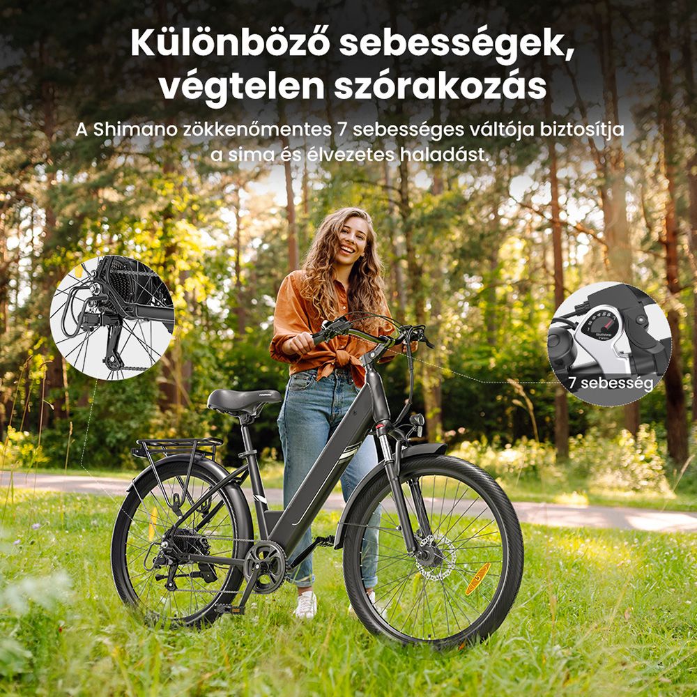 Touroll J1 Pro elektromos ker&eacute;kp&aacute;r, 250 W-os motor, 36 V-os 15,6 Ah-s akkumul&aacute;tor, 27,5 h&uuml;velykes gumiabroncsok, 25 km/h maxim&aacute;lis sebess&eacute;g, 100 km-es hat&oacute;t&aacute;vols&aacute;g, hidraulikus t&aacute;rcsaf&eacute;k, felf&uuml;ggeszt&eacute;s z&aacute;rral, Shimano 7 sebess&eacute;ges v&aacute;lt&oacute;