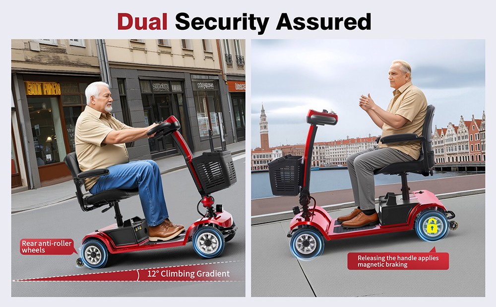 Unificare Unagi Vierrad-Scooter, 250-W-Motor, 24-V-12-Ah-Akku, 8-Zoll-Reifen, 6 km/h H&ouml;chstgeschwindigkeit, 20 km Reichweite, Magnetbremse, 190 kg maximale Tragkraft &ndash; Rot
