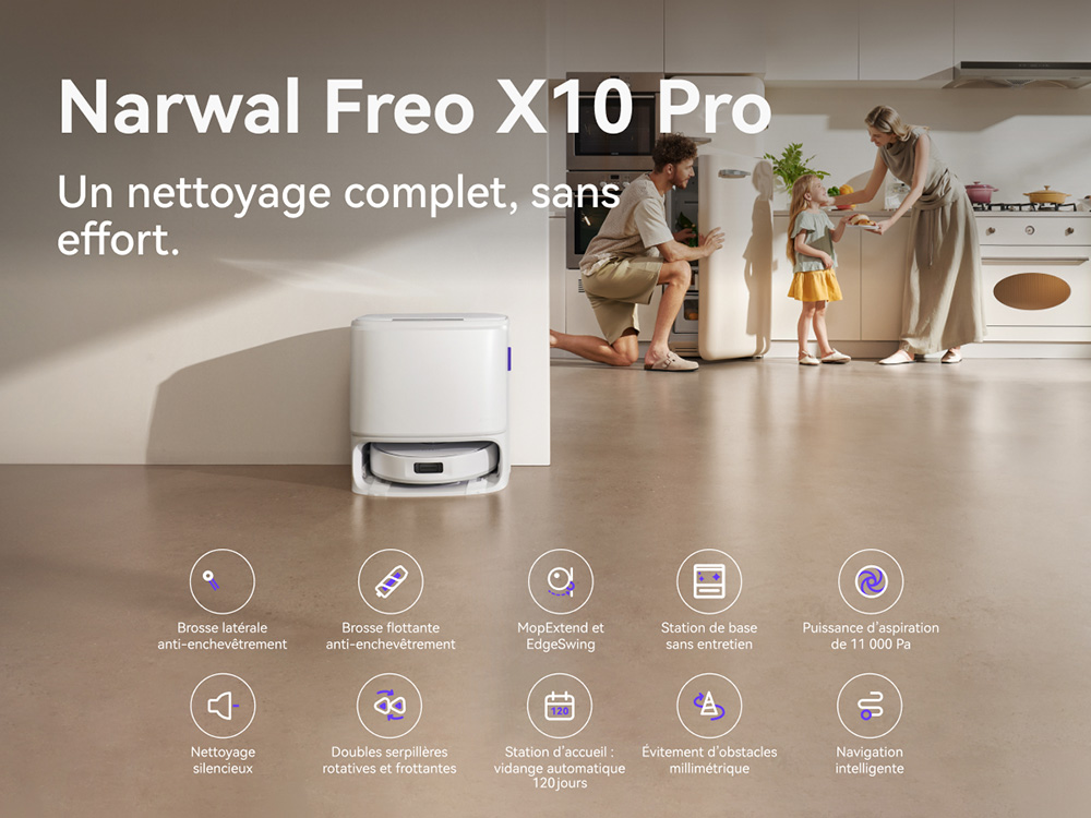 Narwal Freo X10 Pro Aspirateur Robot et Serpilli&egrave;re, Aspiration 11 000Pa, Vidage Automatique 120 Jours, Sans Enchev&ecirc;trement, Lavage & S&eacute;chage Automatiques de la Serpilli&egrave;re, &Eacute;vitement d&rsquo;Obstacles, pour Poils d&rsquo;Animaux et Sols Durs - Blanc