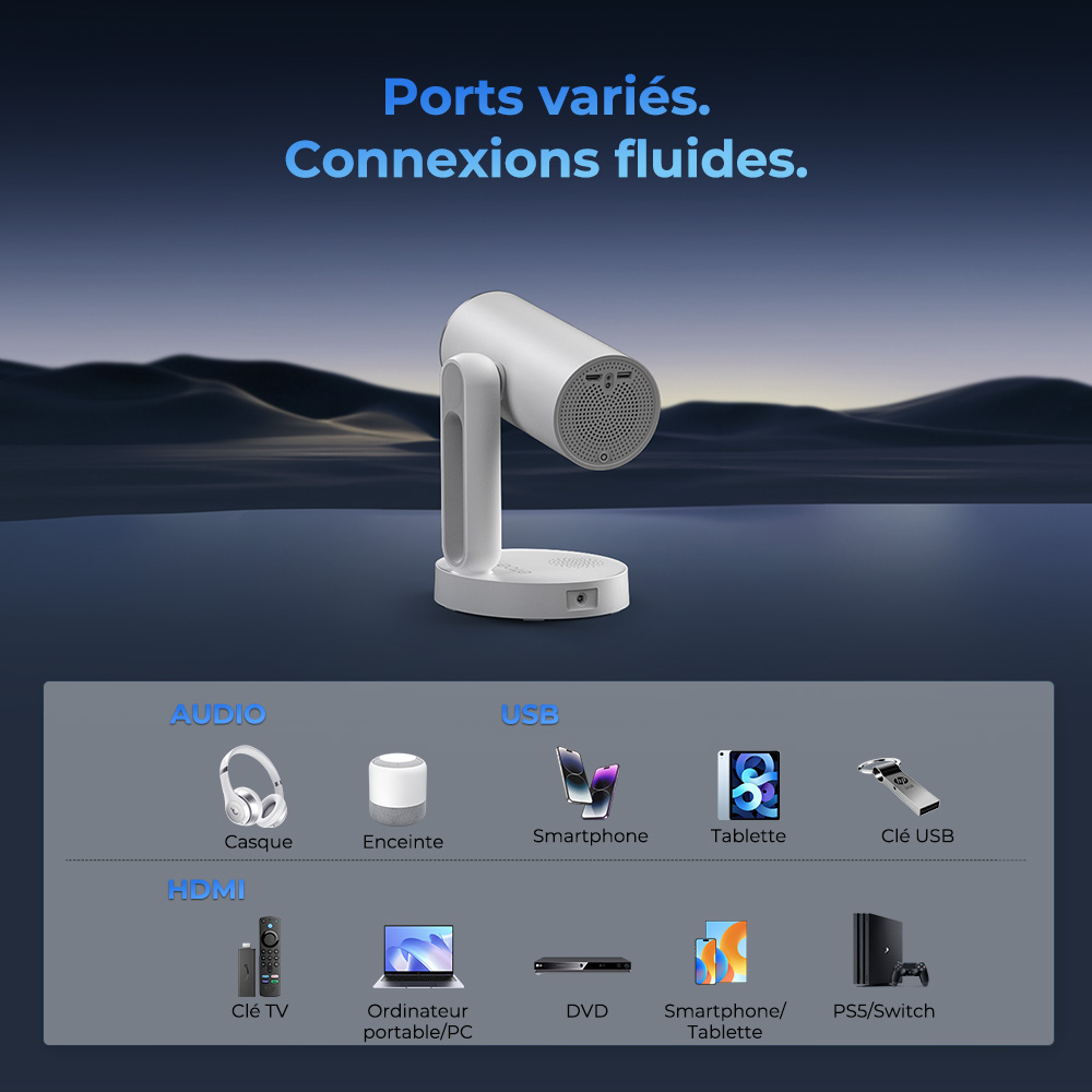 ETOE Starfish Plus Projecteur, Google TV intégré, rotation à 140°, 1080p natif, 300 ANSI, décodage 4K, veilleuse tactile, correction automatique du trapèze et mise au point automatique