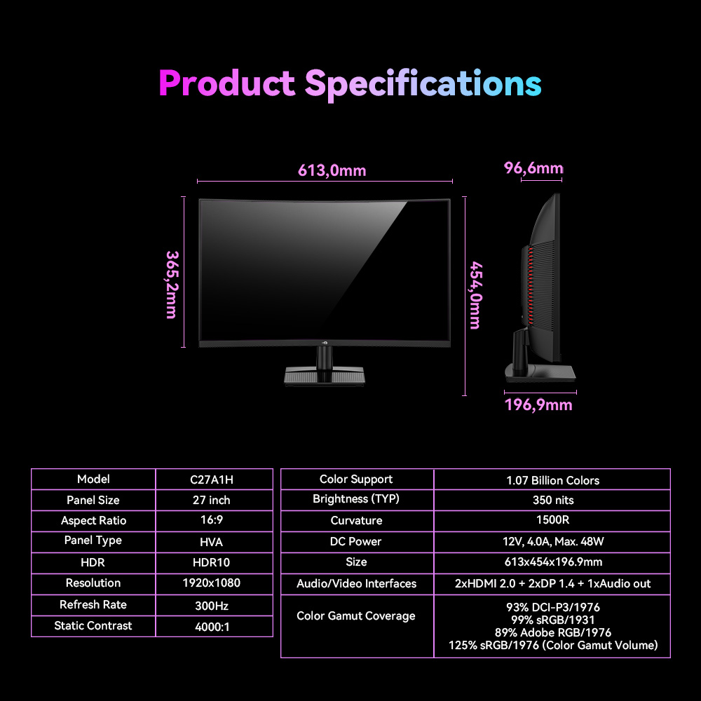 TITAN ARMY C27A1H Gamer Monitor, 27 h&uuml;velykes 1500R &iacute;velt VA k&eacute;pernyő, 1920*1080, 300Hz friss&iacute;t&eacute;si frekvencia, 1ms GTG v&aacute;laszidő, FreeSync, HDR10, 4000:1 kontrasztar&aacute;ny, Game+, dinamikus OD, 10 forgat&oacute;k&ouml;nyv m&oacute;d, 2*HDMI2.0, 2*DP1.4, 1*Audio
