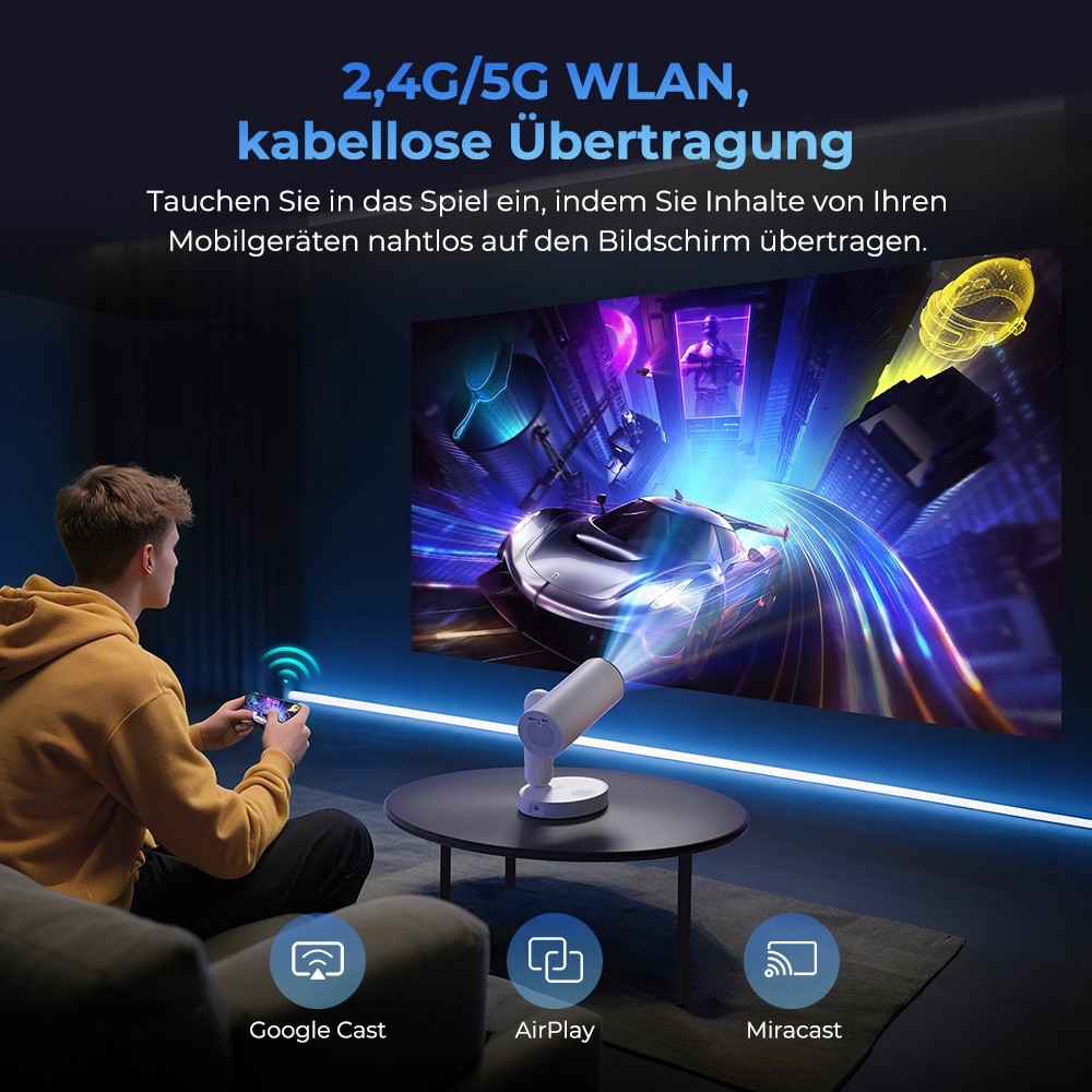 ETOE Starfish Plus-Projektor, integriertes Google TV, 140&deg;-Drehung, natives 1080p, 300 ANSI, 4K-Dekodierung, Touch-Nachtlicht, automatische Trapezkorrektur und Autofokus