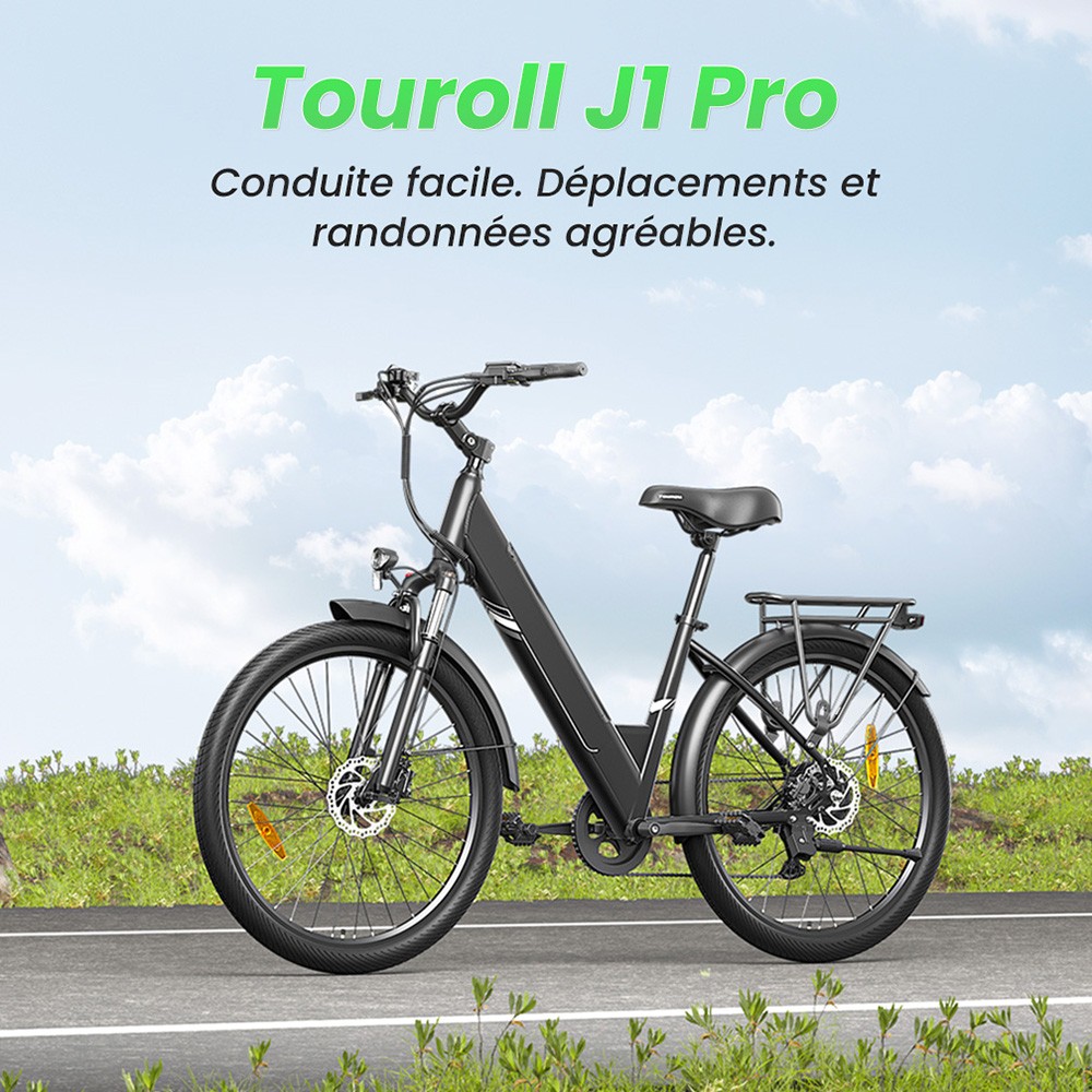 Touroll J1 Pro V&eacute;lo &eacute;lectrique, moteur 250 W, batterie 36 V 15,6 Ah, pneus 27,5 pouces, vitesse maximale 25 km/h, autonomie 100 km, frein &agrave; disque hydraulique, suspension avec blocage, Shimano 7 vitesses