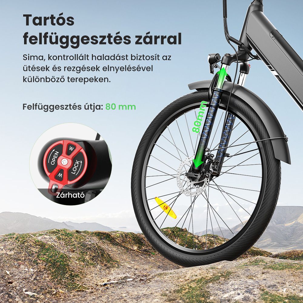 Touroll J1 Pro elektromos ker&eacute;kp&aacute;r, 250 W-os motor, 36 V-os 15,6 Ah-s akkumul&aacute;tor, 27,5 h&uuml;velykes gumiabroncsok, 25 km/h maxim&aacute;lis sebess&eacute;g, 100 km-es hat&oacute;t&aacute;vols&aacute;g, hidraulikus t&aacute;rcsaf&eacute;k, felf&uuml;ggeszt&eacute;s z&aacute;rral, Shimano 7 sebess&eacute;ges v&aacute;lt&oacute;