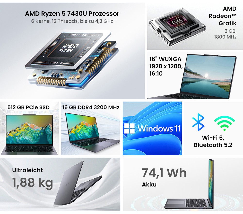 CHUWI CoreBook Plus Laptop, 16 Zoll 1920x1200 IPS Bildschirm, AMD Ryzen 5 7430U 6 Kerne Max 4,3GHz, 16GB RAM 512GB SSD, WiFi 6 Bluetooth 5.2, 2*Voll ausgestattet Typ-C, 2*USB3.2, 1*USB2.0, 1*TF Kartensteckplatz, 1*HDMI, 1*RJ45, 1*Audio