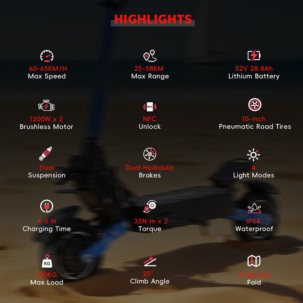 Halo Knight T108 Electric Scooter 10 inch Road Tire Dual 1000W Motor 65km/h Max Speed 52V 28.8Ah Battery 60km Max Range 150kg max load Hydraulic Brake IPX4 Waterproof - Black