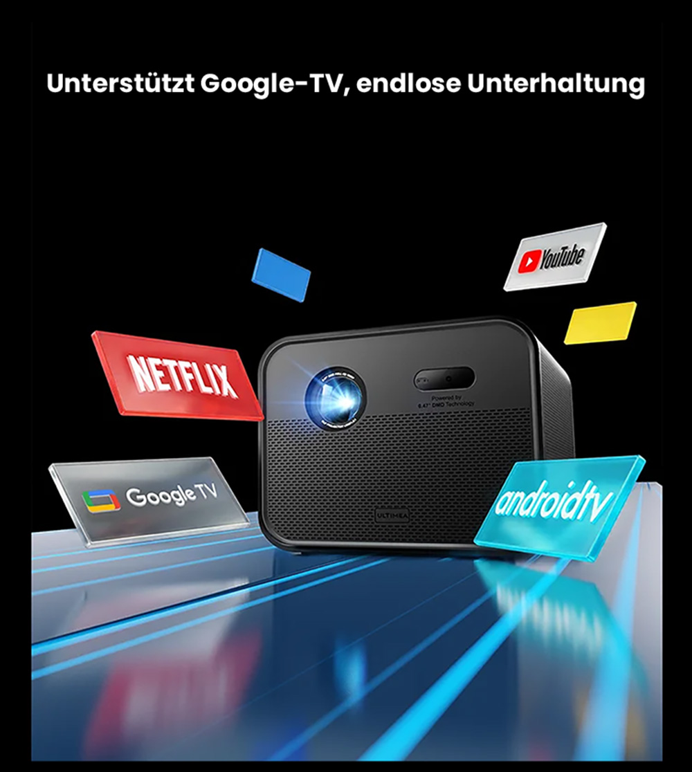 Ultimea Poseidon E100 Projektor, 1800 ANSI, natives 1080P, 4K-Dekodierung, Autofokus & 6D Auto Keystone, aktives 3D-Bild, 10W*2 Lautsprecher, Google TV