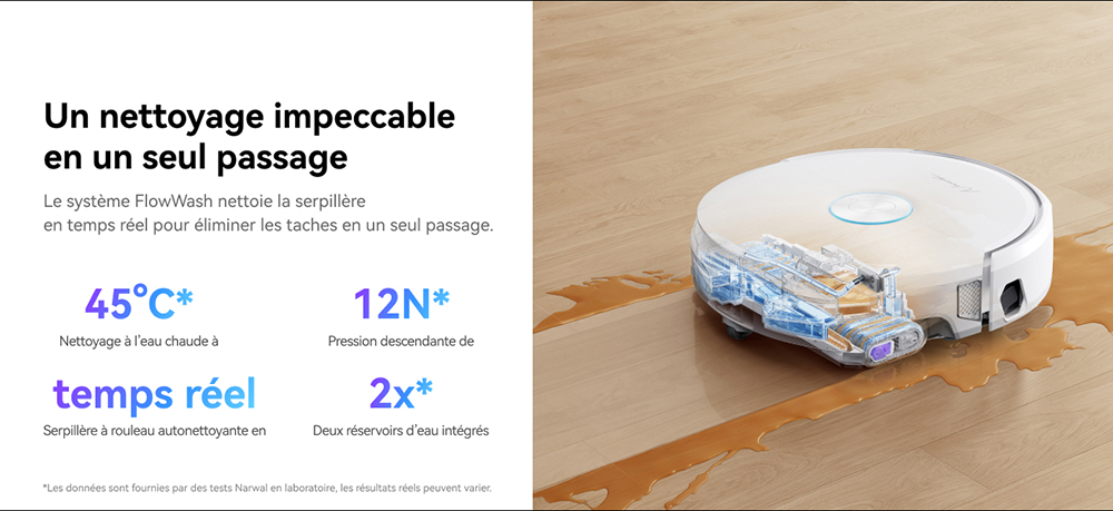 Narwal Freo Flow Aspirateur Robot et Serpilli&egrave;re, Aspiration 22 000Pa, &Eacute;vitement d&rsquo;Obstacles par IA &agrave; Double Cam&eacute;ra, Serpilli&egrave;re &agrave; Eau Chaude, Nettoyage des Tapis et Bords, Vidage Automatique, Sac &agrave; Poussi&egrave;re 2,5L, Commande Vocale - Blanc