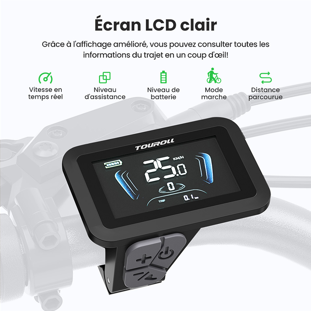 Touroll J1 Pro V&eacute;lo &eacute;lectrique, moteur 250 W, batterie 36 V 15,6 Ah, pneus 27,5 pouces, vitesse maximale 25 km/h, autonomie 100 km, frein &agrave; disque hydraulique, suspension avec blocage, Shimano 7 vitesses
