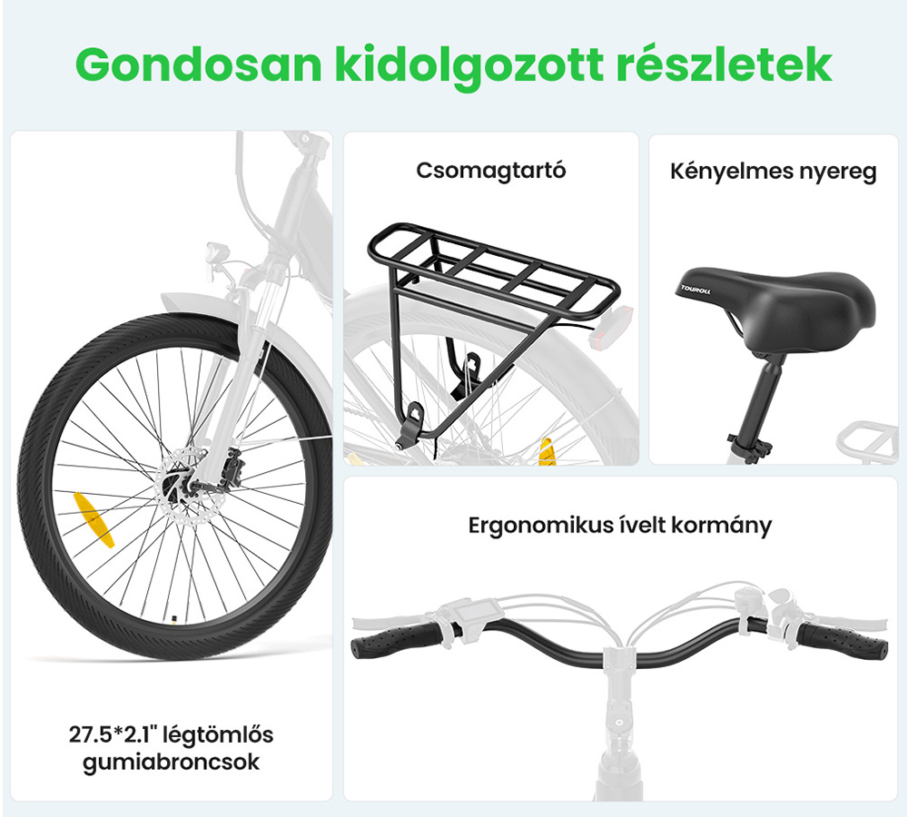 Touroll J1 Pro elektromos ker&eacute;kp&aacute;r, 250 W-os motor, 36 V-os 15,6 Ah-s akkumul&aacute;tor, 27,5 h&uuml;velykes gumiabroncsok, 25 km/h maxim&aacute;lis sebess&eacute;g, 100 km-es hat&oacute;t&aacute;vols&aacute;g, hidraulikus t&aacute;rcsaf&eacute;k, felf&uuml;ggeszt&eacute;s z&aacute;rral, Shimano 7 sebess&eacute;ges v&aacute;lt&oacute;