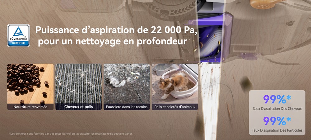 Narwal Freo Flow Aspirateur Robot et Serpilli&egrave;re, Aspiration 22 000Pa, &Eacute;vitement d&rsquo;Obstacles par IA &agrave; Double Cam&eacute;ra, Serpilli&egrave;re &agrave; Eau Chaude, Nettoyage des Tapis et Bords, Vidage Automatique, Sac &agrave; Poussi&egrave;re 2,5L, Commande Vocale - Blanc