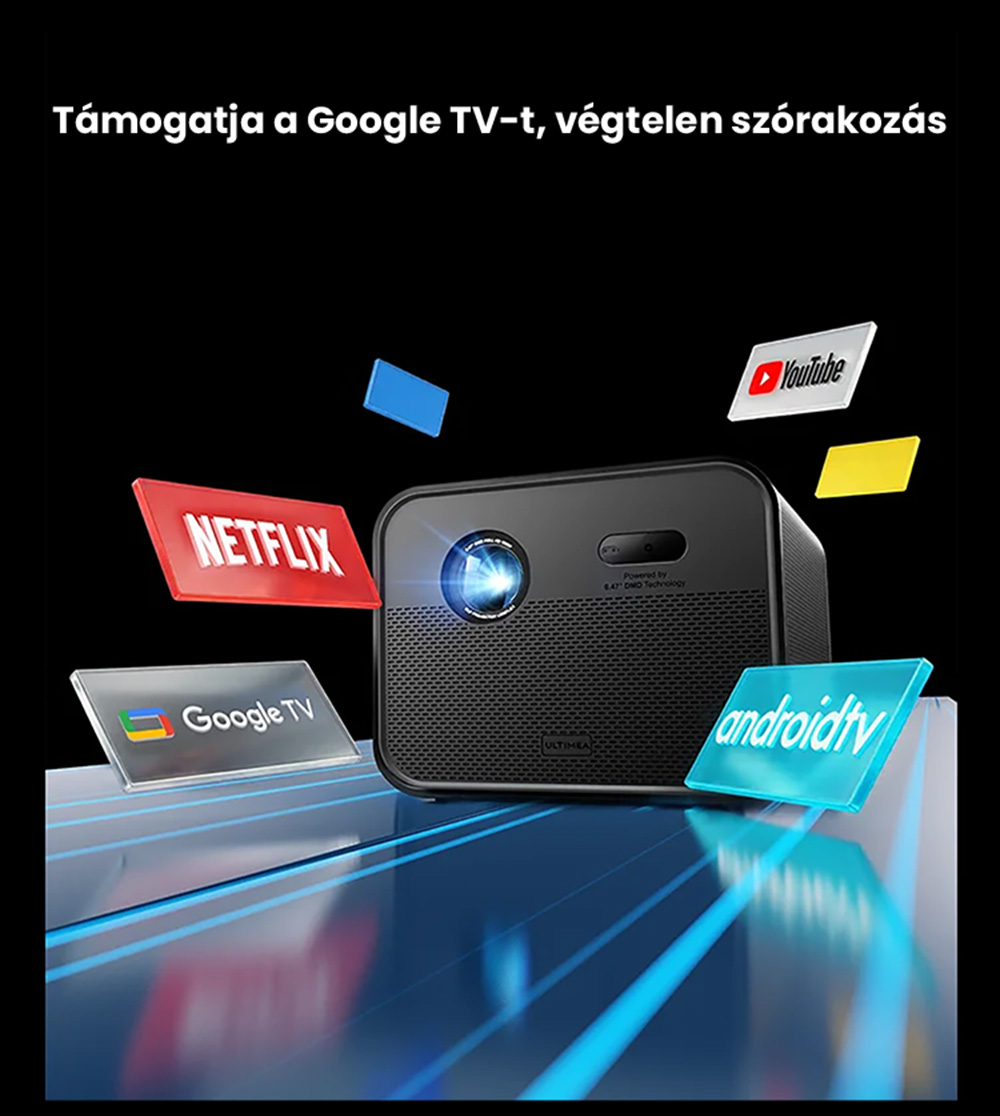 Ultimea Poseidon E100 projektor, 1800 ANSI, nat&iacute;v 1080P, 4K dek&oacute;dol&aacute;s, autof&oacute;kusz &eacute;s 6D automatikus trap&eacute;ztorz&iacute;t&aacute;s, akt&iacute;v 3D k&eacute;p, 10 W*2 Hangsz&oacute;r&oacute;k, Google TV