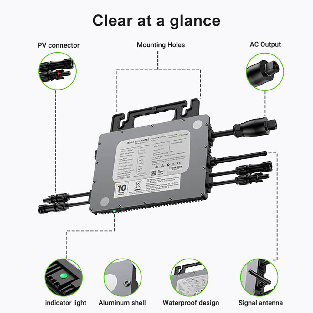 LIONSHEE LS-800Mi 800W Mikro-Wechselrichter, 2 MPPTs, 230V Ausgang, 96% Spitzenwirkungsgrad, IP67 wasserdicht, Wi-Fi Smart Monitoring