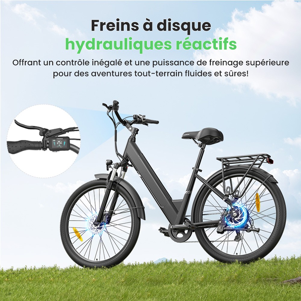 Touroll J1 Pro V&eacute;lo &eacute;lectrique, moteur 250 W, batterie 36 V 15,6 Ah, pneus 27,5 pouces, vitesse maximale 25 km/h, autonomie 100 km, frein &agrave; disque hydraulique, suspension avec blocage, Shimano 7 vitesses