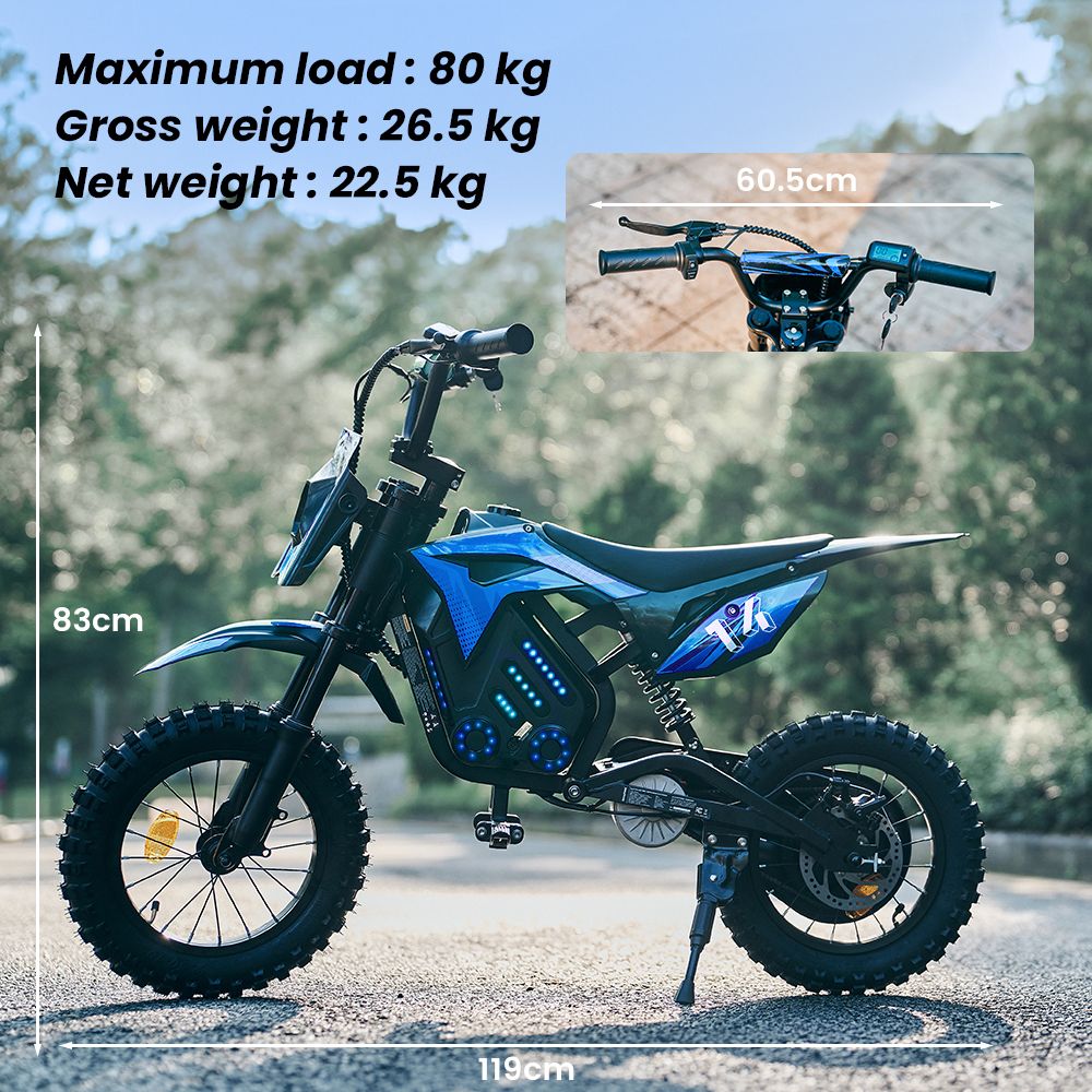A14 Detská elektrická motorka, 500W motor, 36V 5.2Ah batéria, 14-palcové pneumatiky, max. rýchlosť 27 km/h, dojazd 22 km, zadná kotúčová brzda, dvojité tlmenie nárazov, LCD displej - modrý