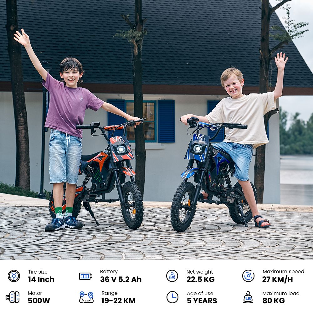 A14 Detský elektrický motocykel, 500W motor, 36V 5.2Ah batéria, 14-palcové pneumatiky, max. rýchlosť 27 km/h, dojazd 22 km, zadná kotúčová brzda, dvojité tlmenie nárazov, LCD displej - modrý