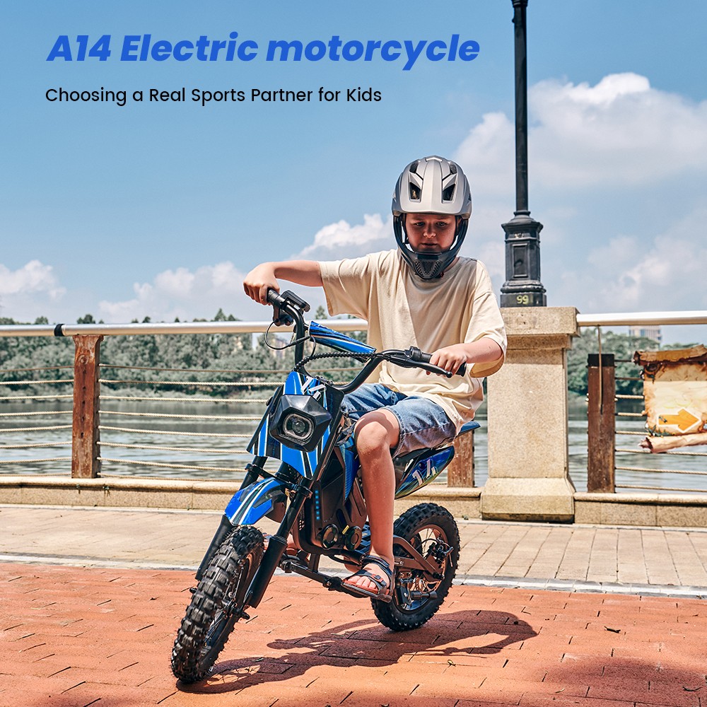 A14 Detský elektrický motocykel, 500W motor, 36V 5.2Ah batéria, 14-palcové pneumatiky, max. rýchlosť 27 km/h, dojazd 22 km, zadná kotúčová brzda, dvojité tlmenie nárazov, LCD displej - modrý