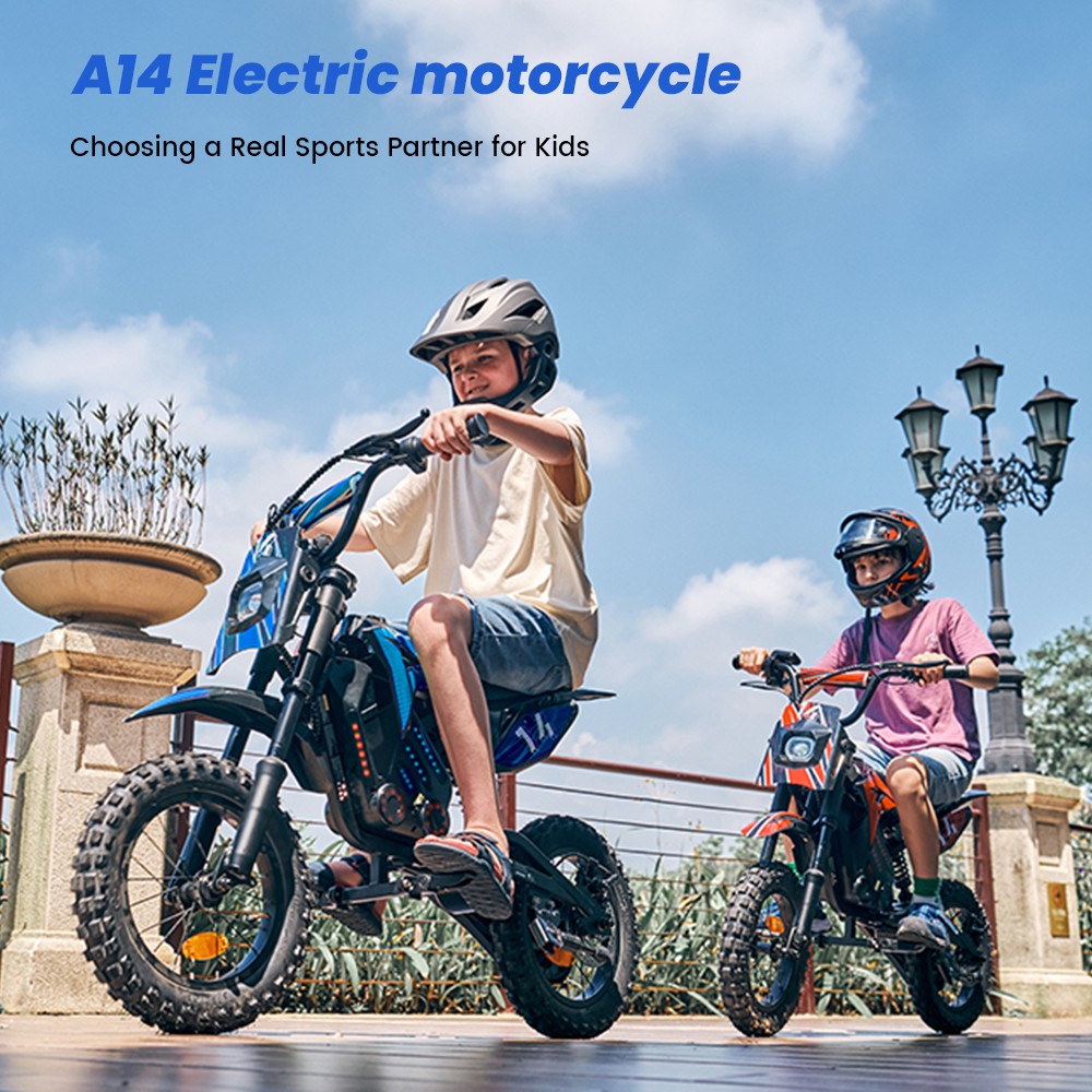 A14 Detský elektrický motocykel, 500W motor, 36V 5.2Ah batéria, 14-palcové pneumatiky, max. rýchlosť 27 km/h, dojazd 22 km, zadná kotúčová brzda, dvojité tlmenie nárazov, LCD displej - modrý