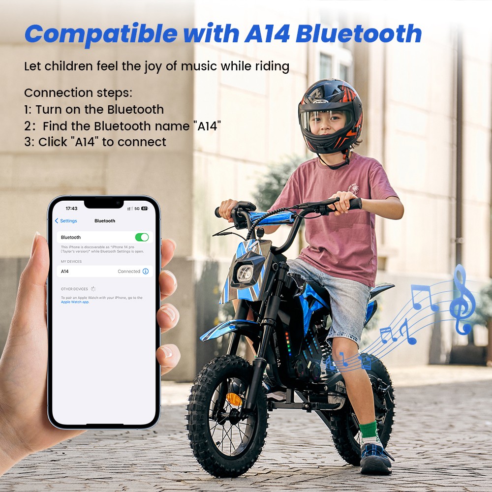 A14 Detský elektrický motocykel, 500W motor, 36V 5.2Ah batéria, 14-palcové pneumatiky, max. rýchlosť 27 km/h, dojazd 22 km, zadná kotúčová brzda, dvojité tlmenie nárazov, LCD displej - modrý