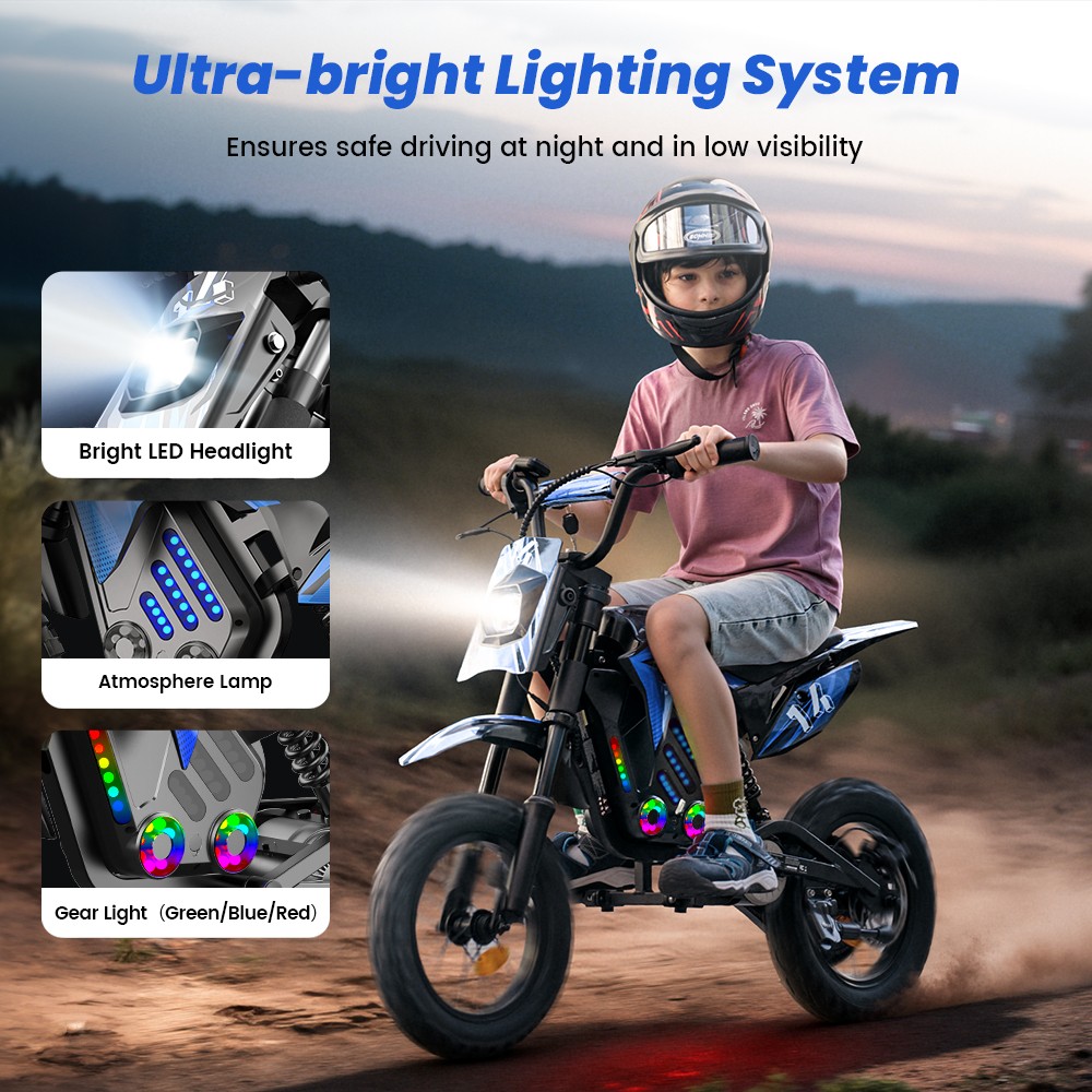 A14 Detský elektrický motocykel, 500W motor, 36V 5.2Ah batéria, 14-palcové pneumatiky, max. rýchlosť 27 km/h, dojazd 22 km, zadná kotúčová brzda, dvojité tlmenie nárazov, LCD displej - modrý