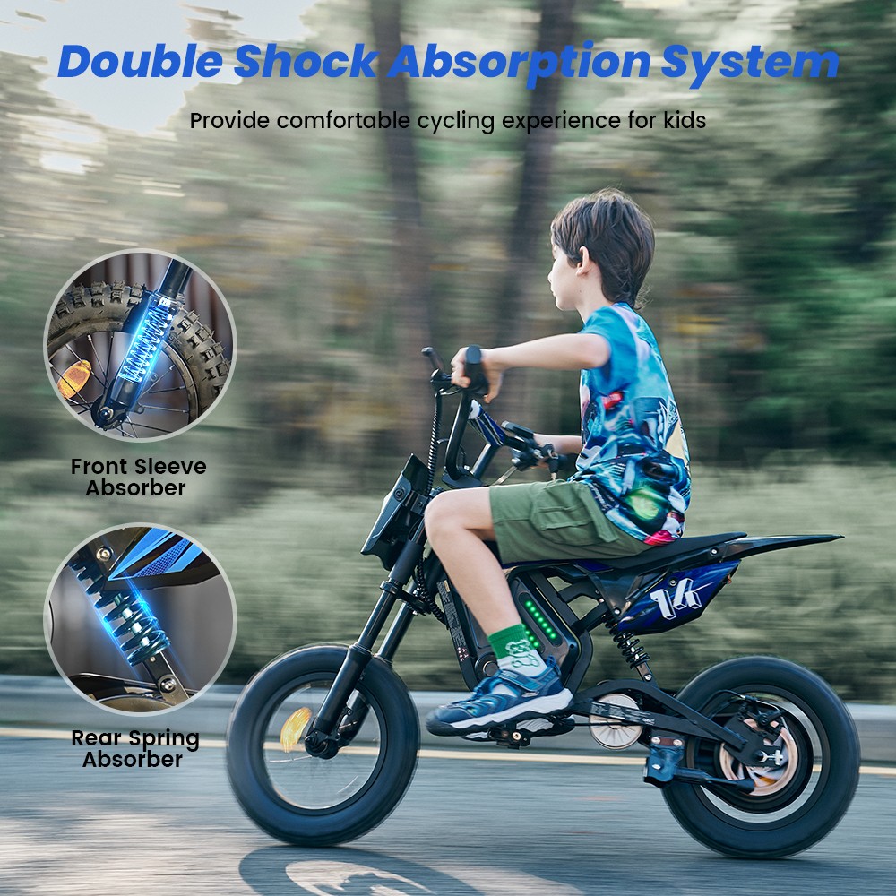 A14 Detský elektrický motocykel, 500W motor, 36V 5.2Ah batéria, 14-palcové pneumatiky, max. rýchlosť 27 km/h, dojazd 22 km, zadná kotúčová brzda, dvojité tlmenie nárazov, LCD displej - modrý