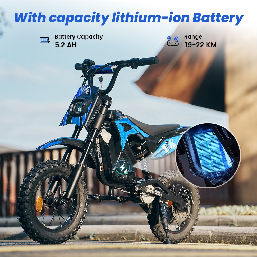 A14 Detský elektrický motocykel, 500W motor, 36V 5.2Ah batéria, 14-palcové pneumatiky, max. rýchlosť 27 km/h, dojazd 22 km, zadná kotúčová brzda, dvojité tlmenie nárazov, LCD displej - modrý