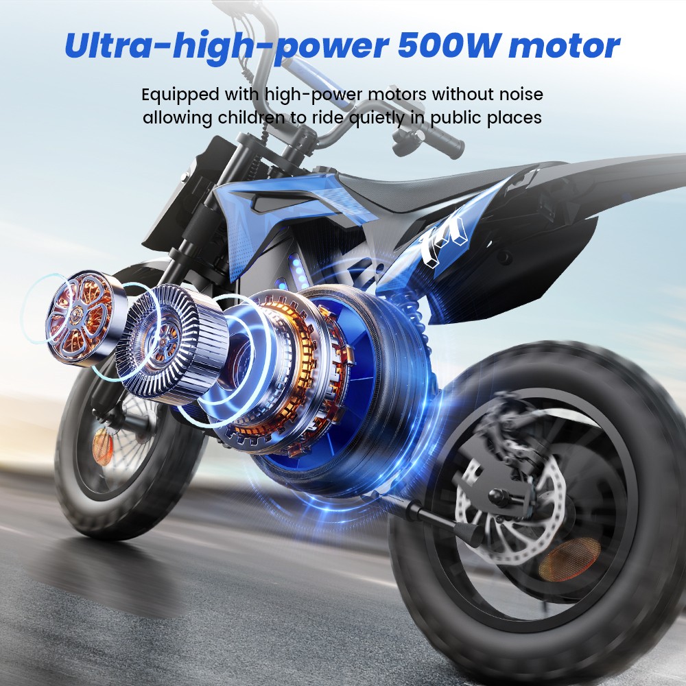 A14 Detský elektrický motocykel, 500W motor, 36V 5.2Ah batéria, 14-palcové pneumatiky, max. rýchlosť 27 km/h, dojazd 22 km, zadná kotúčová brzda, dvojité tlmenie nárazov, LCD displej - modrý