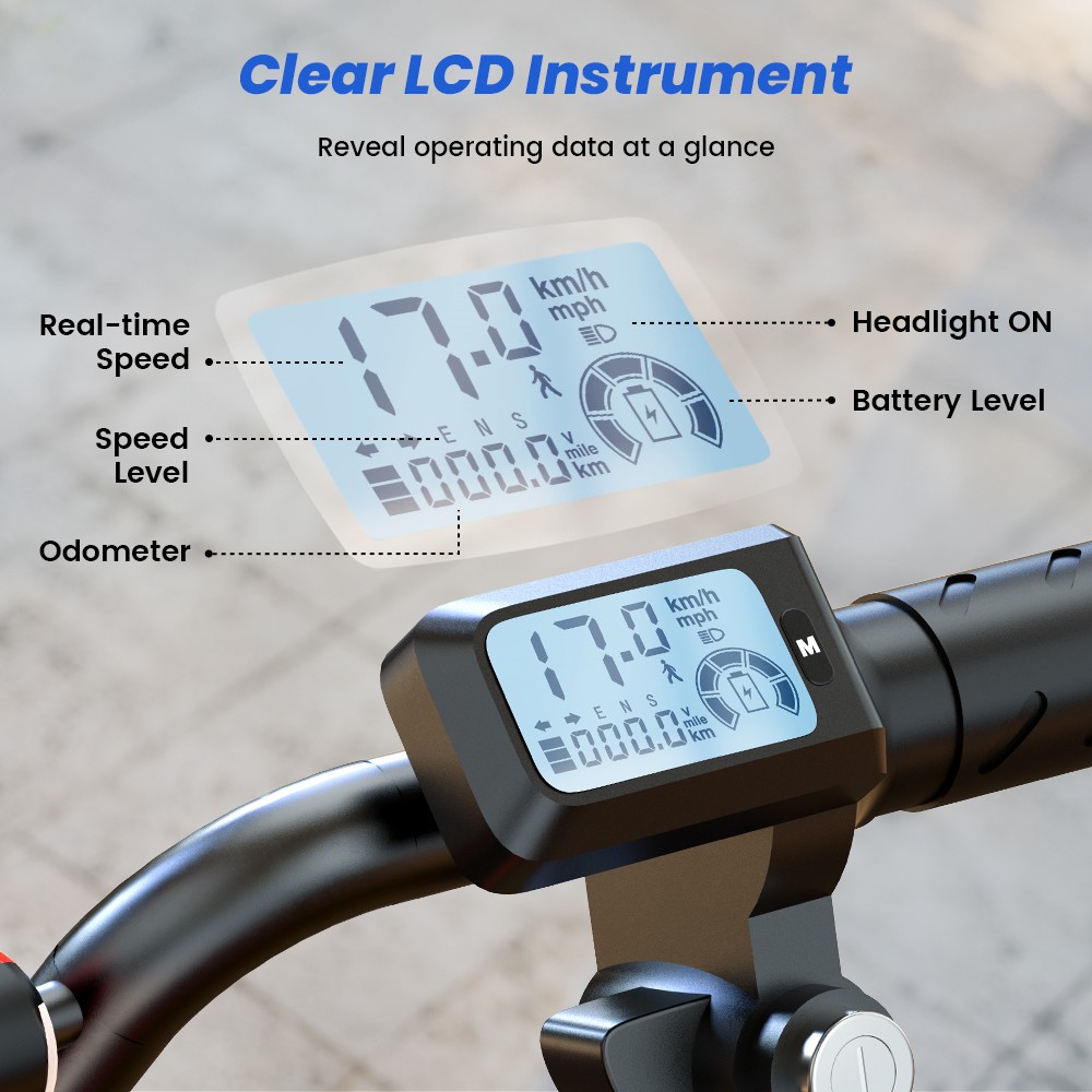 A14 Detský elektrický motocykel, 500W motor, 36V 5.2Ah batéria, 14-palcové pneumatiky, max. rýchlosť 27 km/h, dojazd 22 km, zadná kotúčová brzda, dvojité tlmenie nárazov, LCD displej - zelený