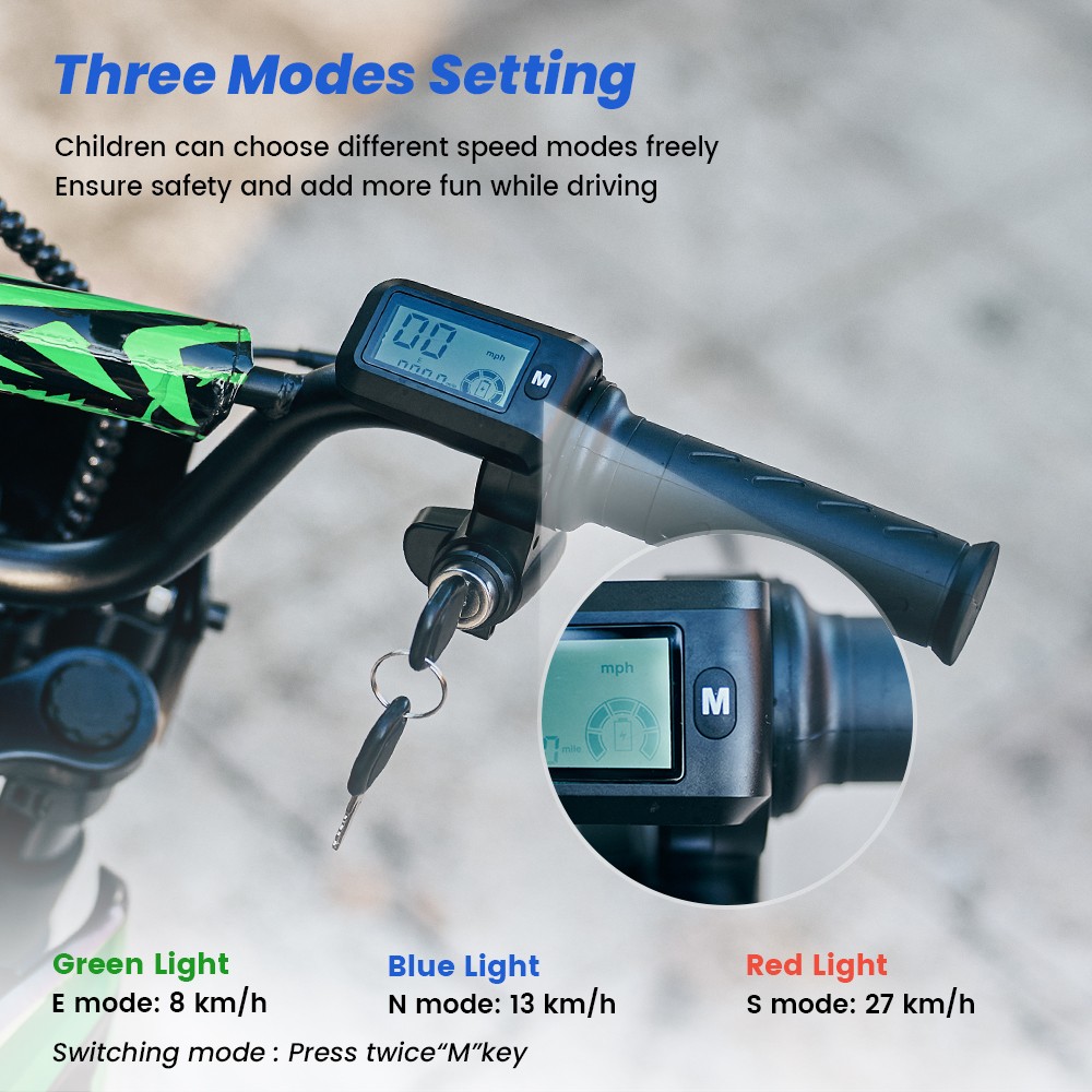 A14 Detský elektrický motocykel, 500W motor, 36V 5.2Ah batéria, 14-palcové pneumatiky, max. rýchlosť 27 km/h, dojazd 22 km, zadná kotúčová brzda, dvojité tlmenie nárazov, LCD displej - zelený