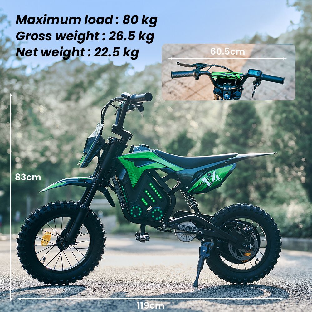 A14 Detská elektrická motorka, 500W motor, 36V 5.2Ah batéria, 14-palcové pneumatiky, max. rýchlosť 27 km/h, dojazd 22 km, zadná kotúčová brzda, dvojité tlmenie nárazov, LCD displej - zelený