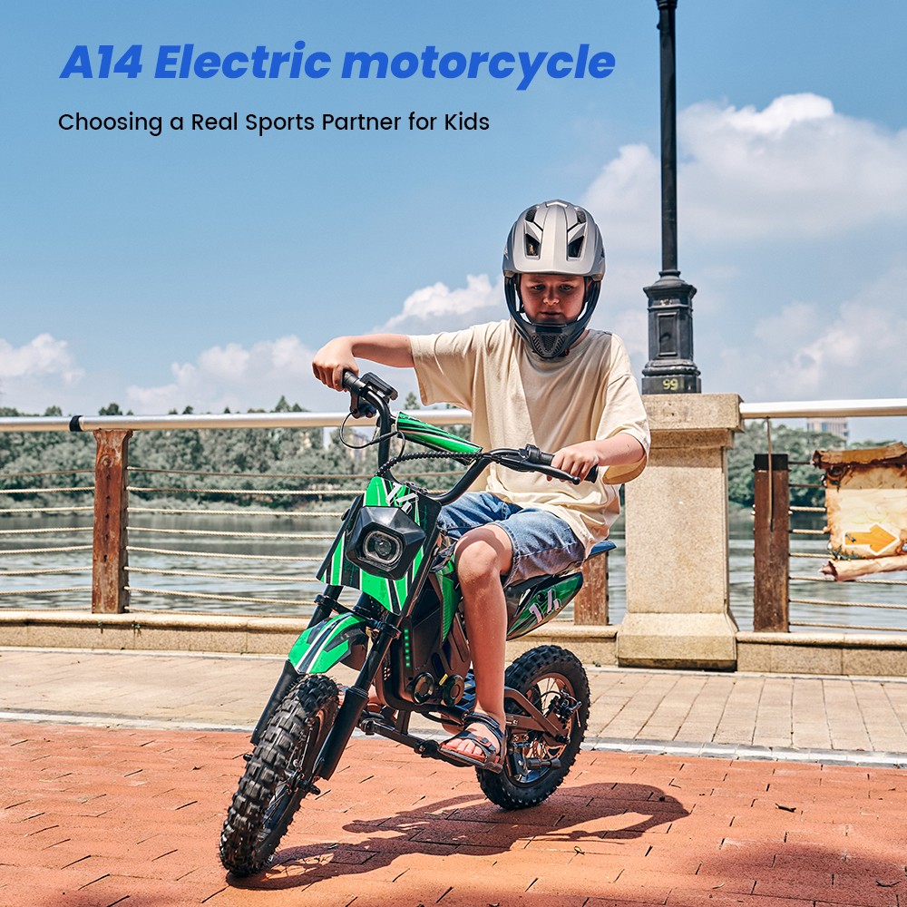 A14 Detský elektrický motocykel, 500W motor, 36V 5.2Ah batéria, 14-palcové pneumatiky, max. rýchlosť 27 km/h, dojazd 22 km, zadná kotúčová brzda, dvojité tlmenie nárazov, LCD displej - zelený